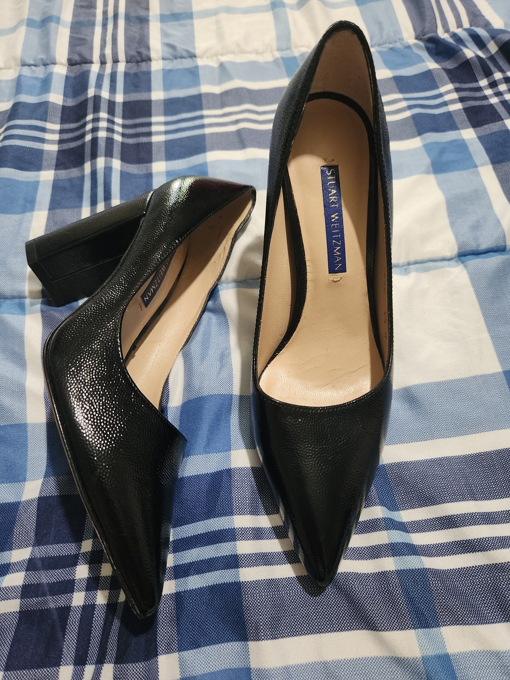 Stuart Weitzman Black Leather Pointed Toe Block Heel Pumps